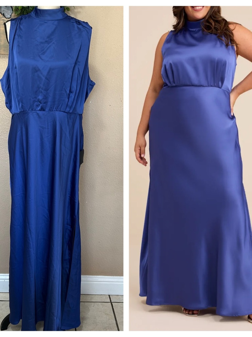 Lulus Classic Elegance Blue Satin Sleeveless Mock Neck Maxi Dress